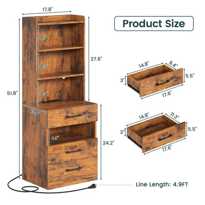 AOGLLATI 51.8 Inch Tall Nightstand with Charging Station and LED Lights Night Stand with 3 Drawers and Storage Shelves