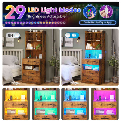 AOGLLATI 51.8 Inch Tall Nightstand with Charging Station and LED Lights Night Stand with 3 Drawers and Storage Shelves