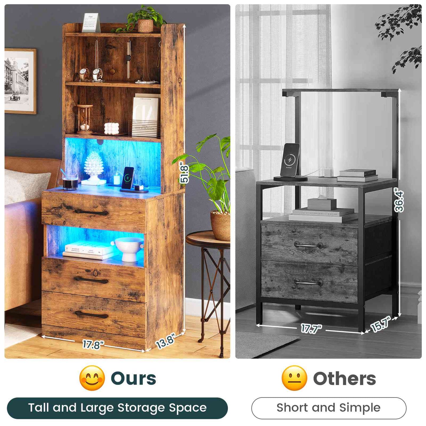 AOGLLATI 51.8 Inch Tall Nightstand with Charging Station and LED Lights Night Stand with 3 Drawers and Storage Shelves