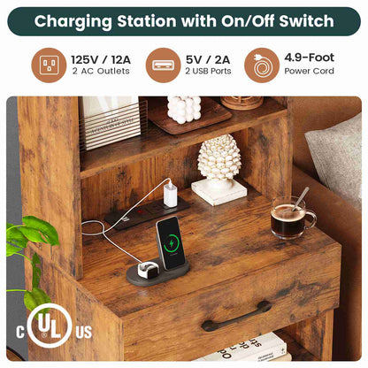 AOGLLATI 51.8 Inch Tall Nightstand with Charging Station and LED Lights Night Stand with 3 Drawers and Storage Shelves