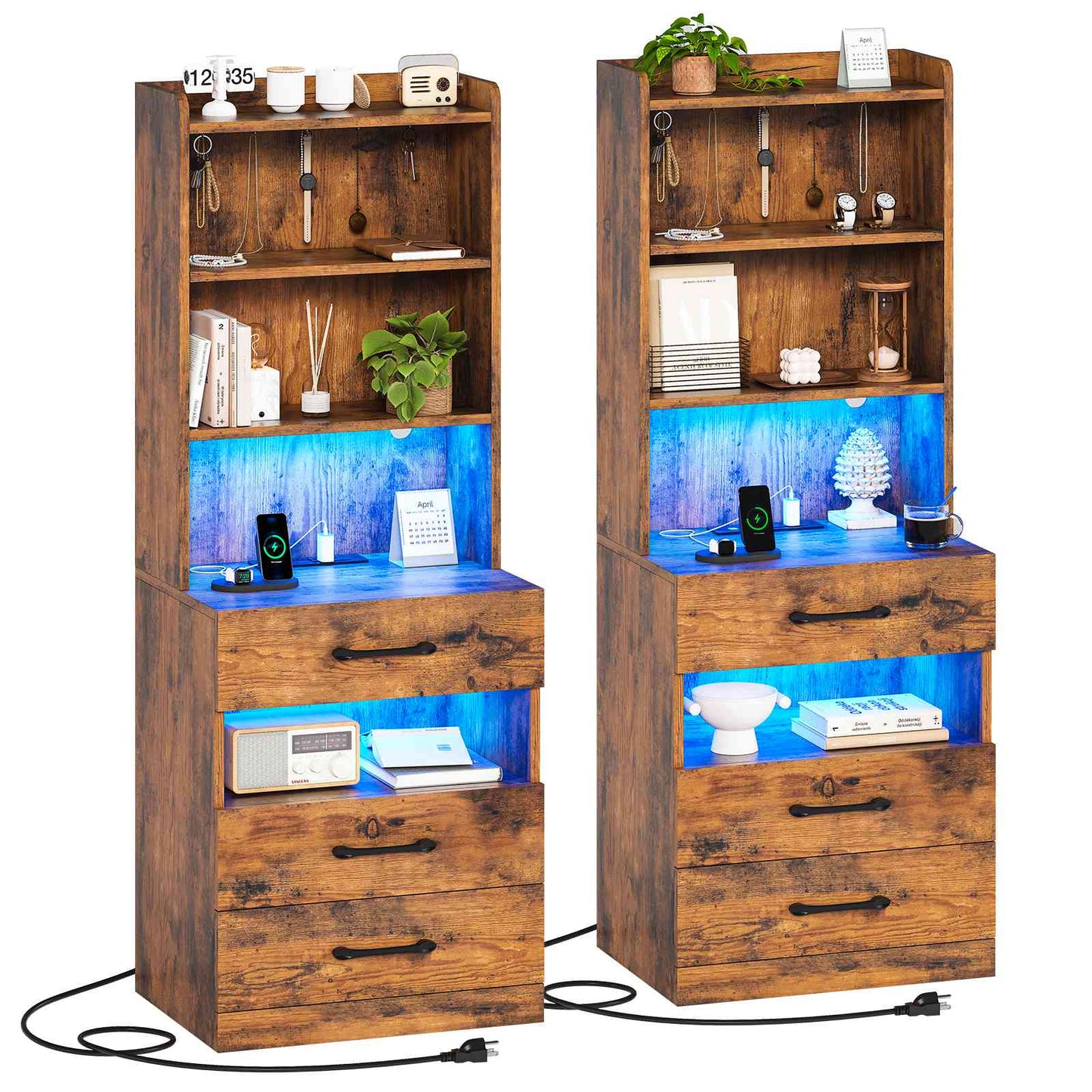 AOGLLATI 51.8 Inch Tall Nightstand with Charging Station and LED Lights Night Stand with 3 Drawers and Storage Shelves