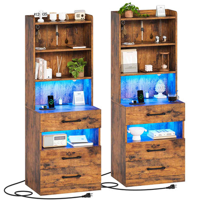 AOGLLATI 51.8 Inch Tall Nightstand with Charging Station and LED Lights Night Stand with 3 Drawers and Storage Shelves