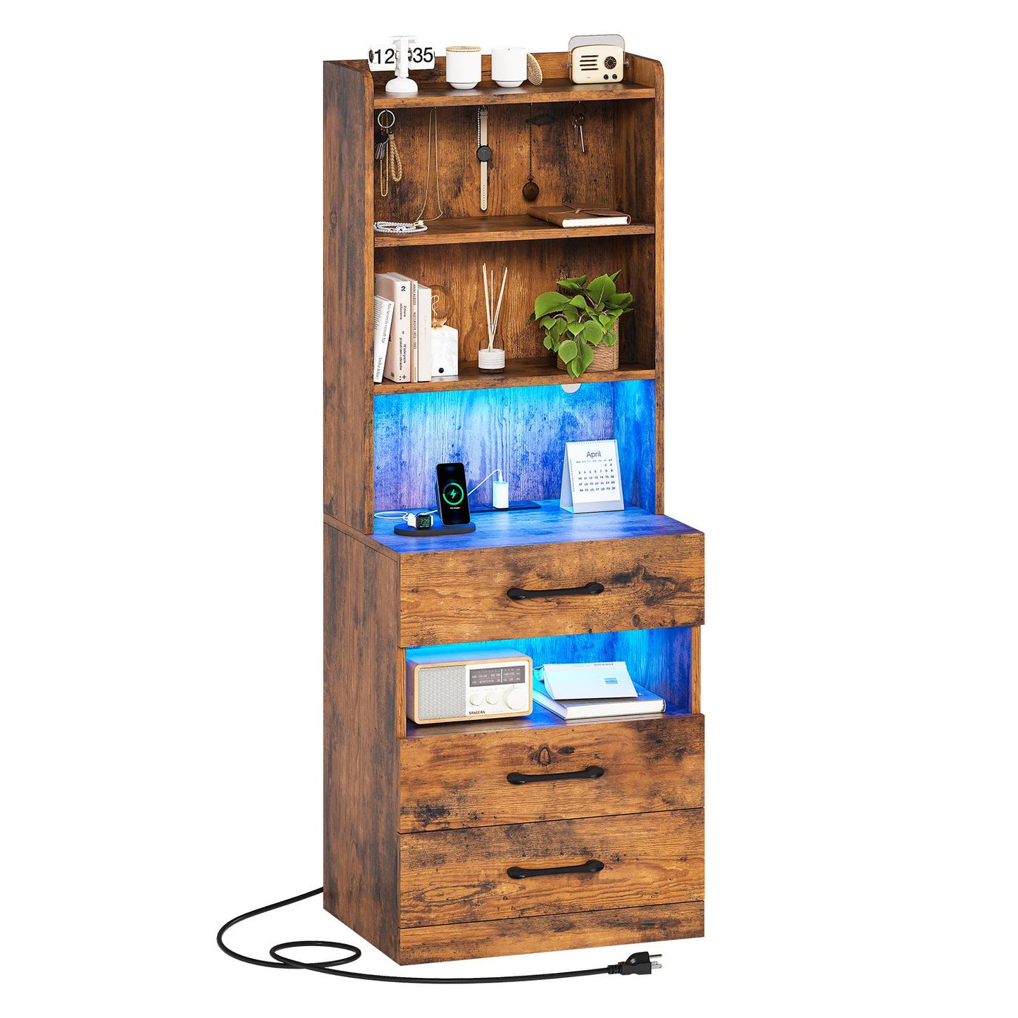 AOGLLATI 51.8 Inch Tall Nightstand with Charging Station and LED Lights Night Stand with 3 Drawers and Storage Shelves