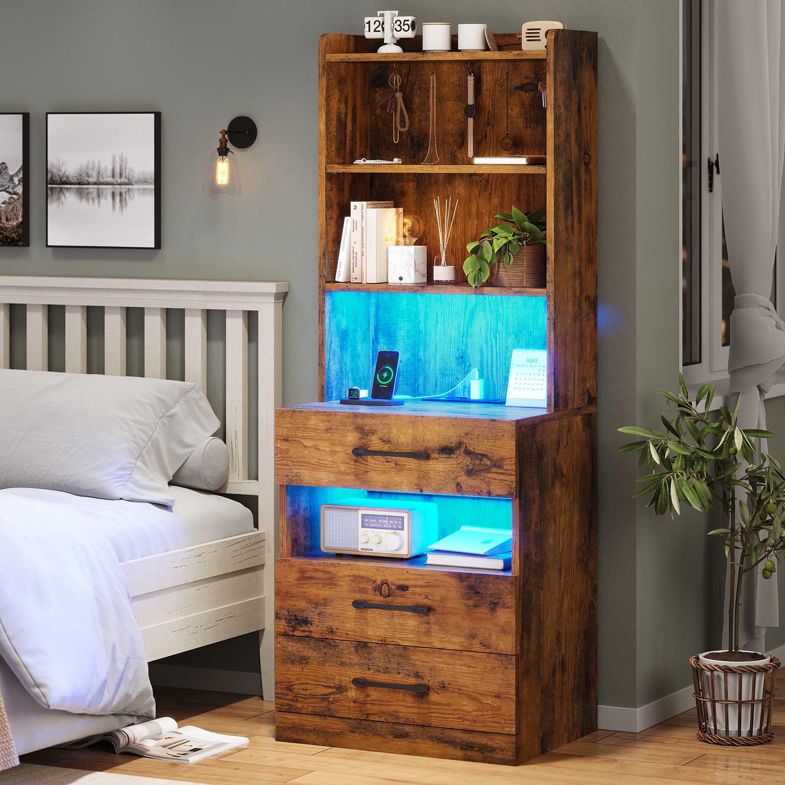 AOGLLATI 51.8 Inch Tall Nightstand with Charging Station and LED Light
