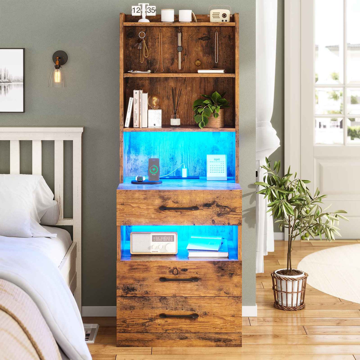 AOGLLATI 51.8 Inch Tall Nightstand with Charging Station and LED Lights Night Stand with 3 Drawers and Storage Shelves