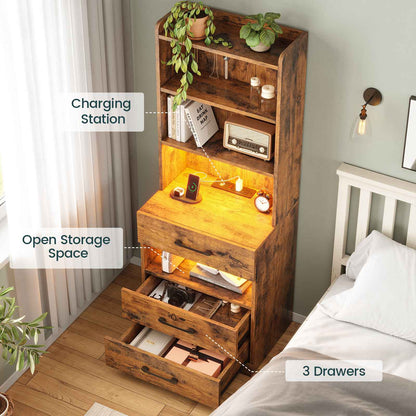 AOGLLATI 51.8 Inch Tall Nightstand with Charging Station and LED Lights Night Stand with 3 Drawers and Storage Shelves