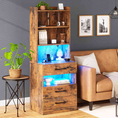 AOGLLATI 51.8 Inch Tall Nightstand with Charging Station and LED Lights Night Stand with 3 Drawers and Storage Shelves