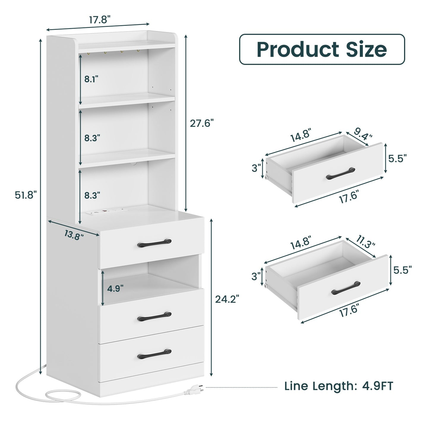 AOGLLATI 51.8 Inch Tall Nightstand with Charging Station and LED Lights Night Stand with 3 Drawers and Storage Shelves