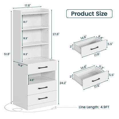 AOGLLATI 51.8 Inch Tall Nightstand with Charging Station and LED Lights Night Stand with 3 Drawers and Storage Shelves