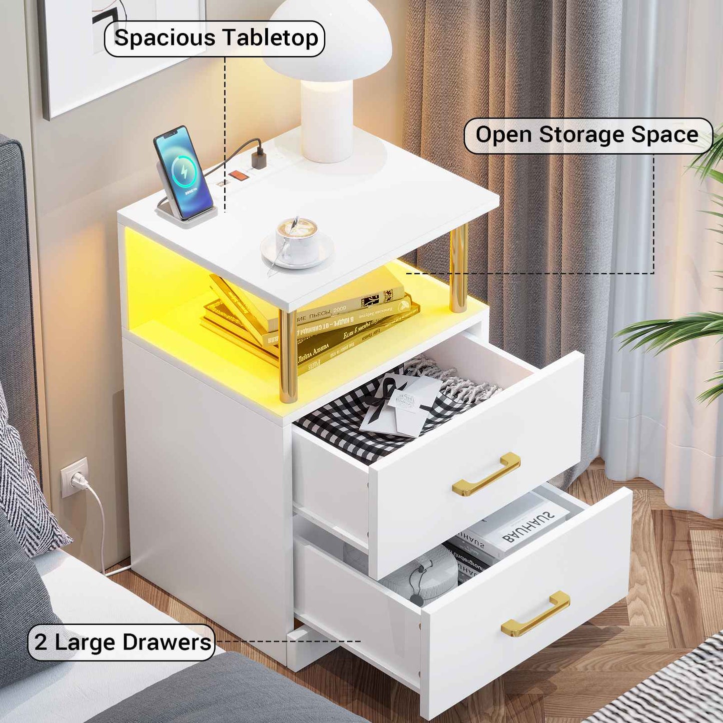 AOGLLATI Nightstand with Charging Station and LED Lights Night Stand with Open Storage and 2 Drawers