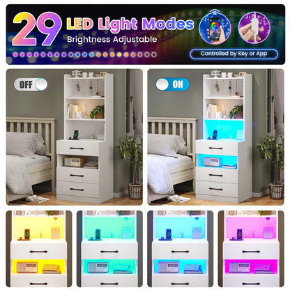 AOGLLATI 51.8 Inch Tall Nightstand with Charging Station and LED Lights Night Stand with 3 Drawers and Storage Shelves