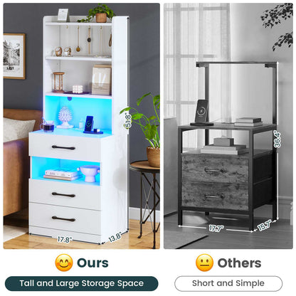 AOGLLATI 51.8 Inch Tall Nightstand with Charging Station and LED Lights Night Stand with 3 Drawers and Storage Shelves