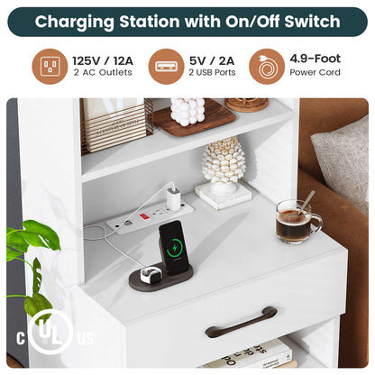 AOGLLATI 51.8 Inch Tall Nightstand with Charging Station and LED Lights Night Stand with 3 Drawers and Storage Shelves