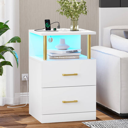 AOGLLATI Nightstand with Charging Station and LED Lights Night Stand with Open Storage and 2 Drawers