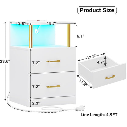 AOGLLATI Nightstand with Charging Station and LED Lights Night Stand with Open Storage and 2 Drawers