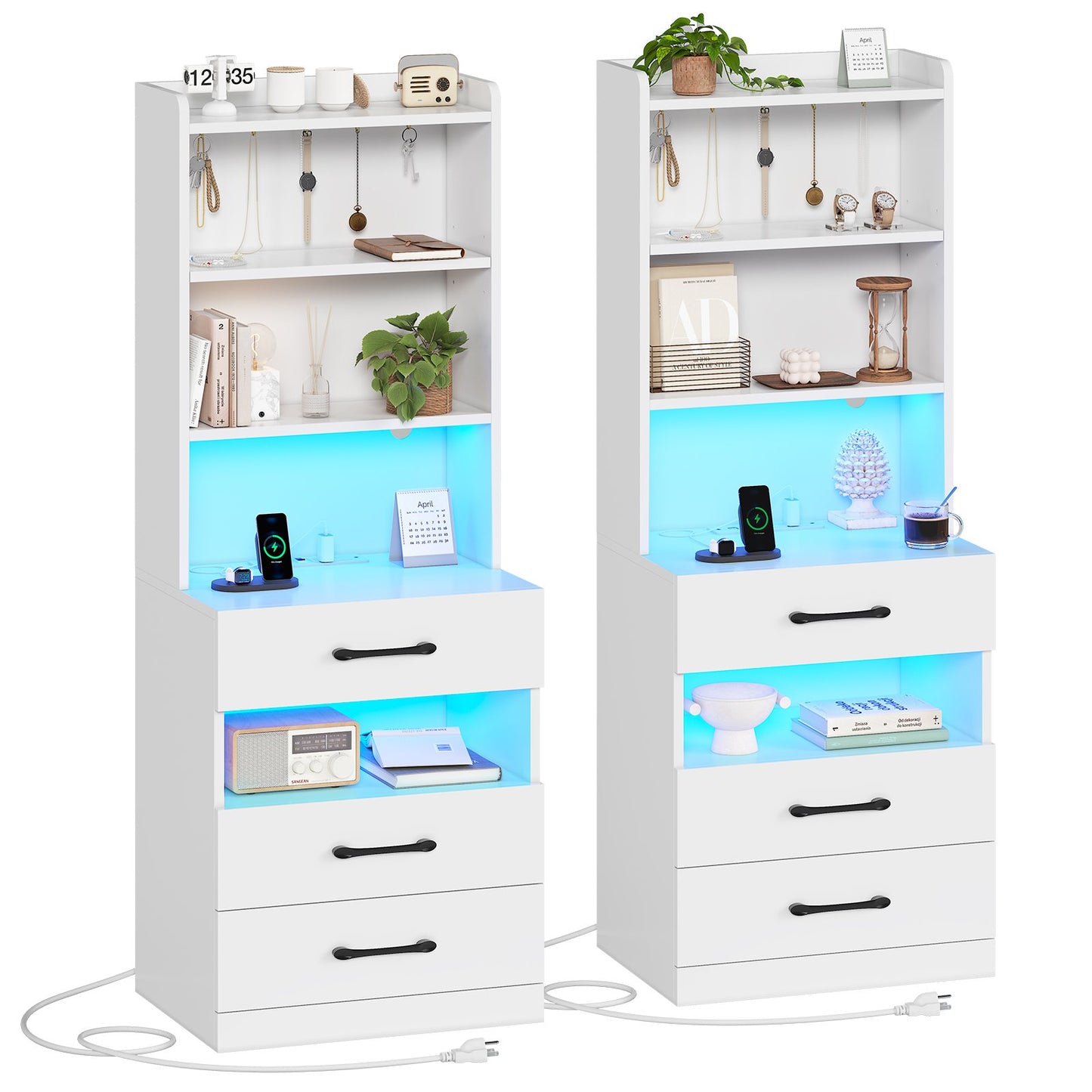AOGLLATI 51.8 Inch Tall Nightstand with Charging Station and LED Lights Night Stand with 3 Drawers and Storage Shelves