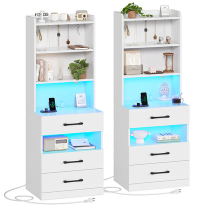 AOGLLATI 51.8 Inch Tall Nightstand with Charging Station and LED Lights Night Stand with 3 Drawers and Storage Shelves