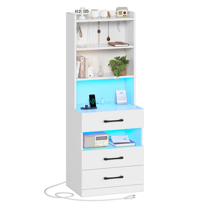 AOGLLATI 51.8 Inch Tall Nightstand with Charging Station and LED Lights Night Stand with 3 Drawers and Storage Shelves