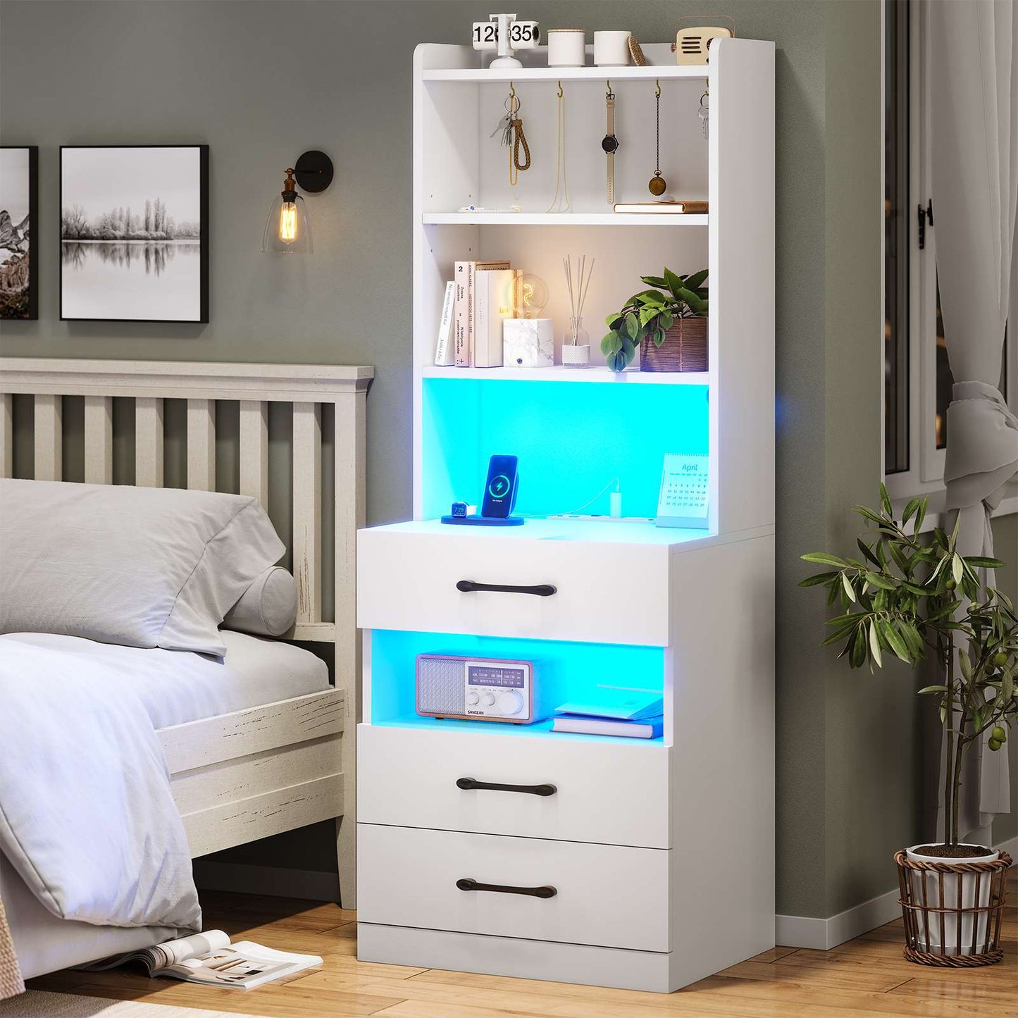 AOGLLATI 51.8 Inch Tall Nightstand with Charging Station and LED Lights Night Stand with 3 Drawers and Storage Shelves