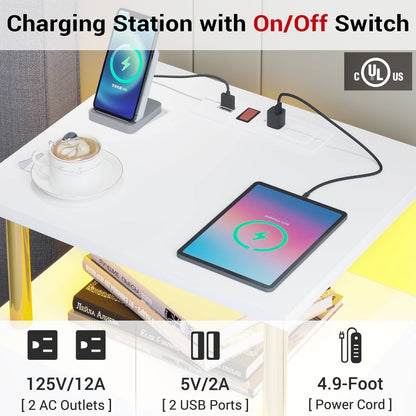 AOGLLATI Nightstand with Charging Station and LED Lights Night Stand with Open Storage and 2 Drawers