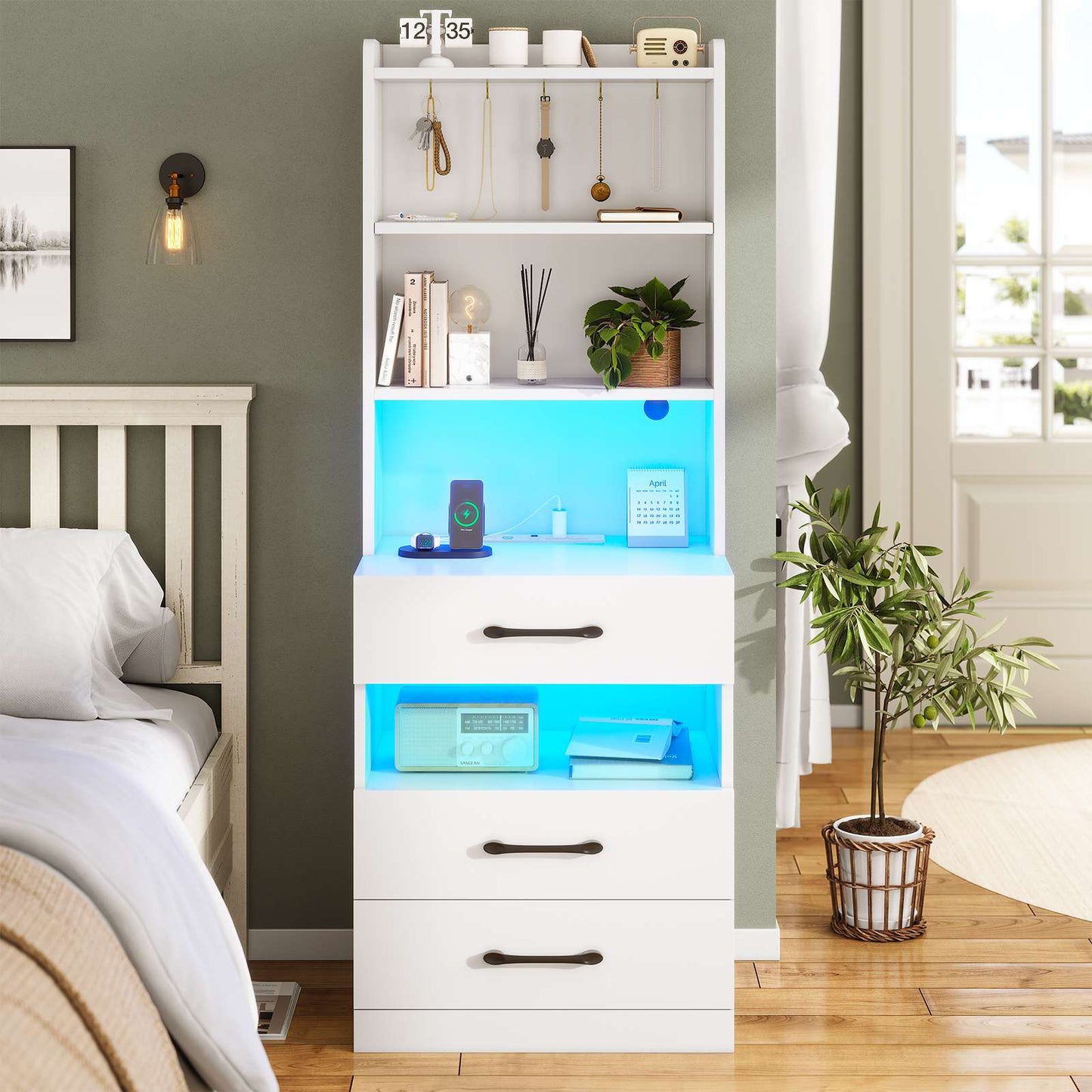 AOGLLATI 51.8 Inch Tall Nightstand with Charging Station and LED Lights Night Stand with 3 Drawers and Storage Shelves