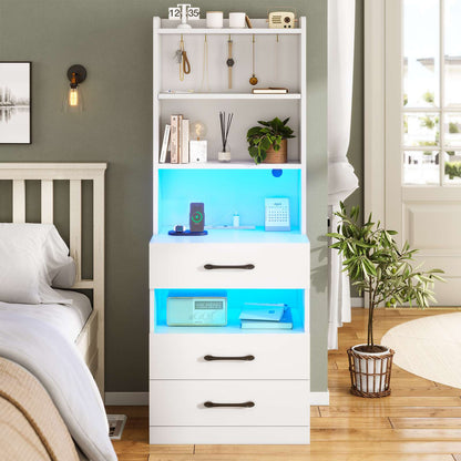 AOGLLATI 51.8 Inch Tall Nightstand with Charging Station and LED Lights Night Stand with 3 Drawers and Storage Shelves