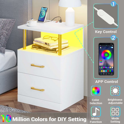 AOGLLATI Nightstand with Charging Station and LED Lights Night Stand with Open Storage and 2 Drawers