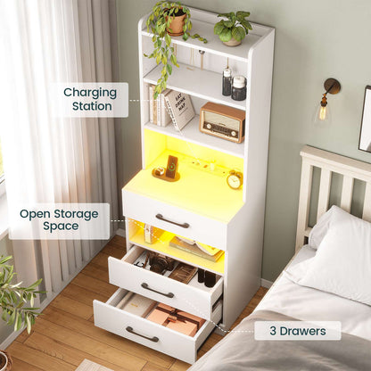 AOGLLATI 51.8 Inch Tall Nightstand with Charging Station and LED Lights Night Stand with 3 Drawers and Storage Shelves