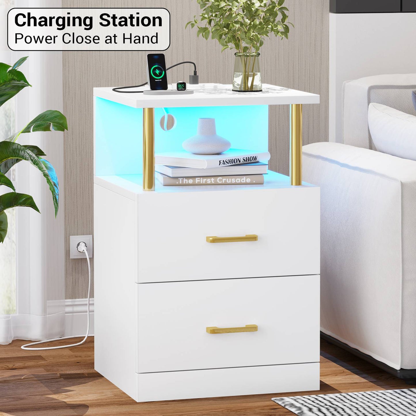 AOGLLATI Nightstand with Charging Station and LED Lights Night Stand with Open Storage and 2 Drawers