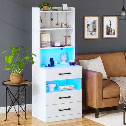 AOGLLATI 51.8 Inch Tall Nightstand with Charging Station and LED Lights Night Stand with 3 Drawers and Storage Shelves