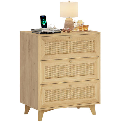 AOGLLATI Rattan Nightstand with Charging Station and 3 Drawers Night Stand with USB Ports and Metal Handle