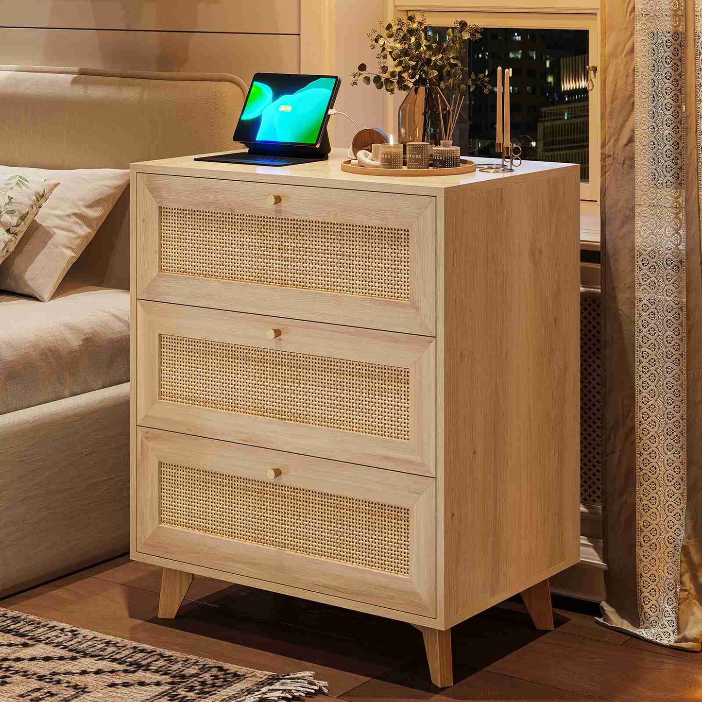 AOGLLATI Rattan Nightstand with Charging Station and 3 Drawers Night Stand with USB Ports and Metal Handle