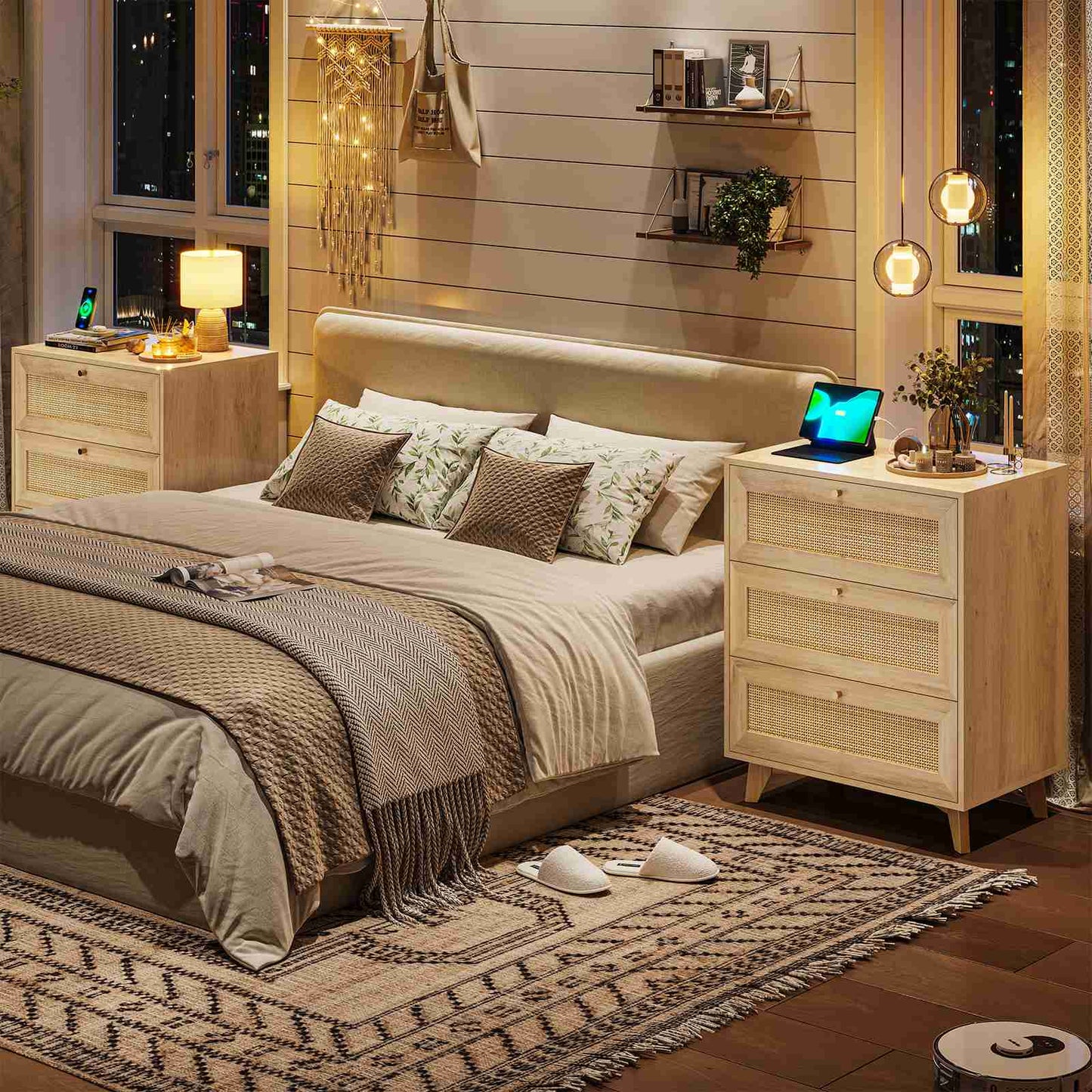 AOGLLATI Rattan Nightstand with Charging Station and 3 Drawers Night Stand with USB Ports and Metal Handle