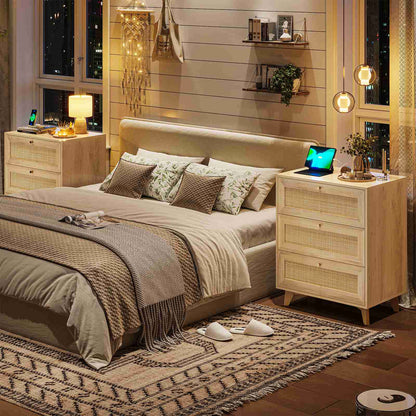 AOGLLATI Rattan Nightstand with Charging Station and 3 Drawers Night Stand with USB Ports and Metal Handle