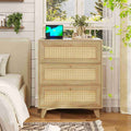 AOGLLATI Rattan Nightstand with Charging Station and 3 Drawers Night Stand with USB Ports and Metal Handle