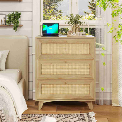AOGLLATI Rattan Nightstand with Charging Station and 3 Drawers Night Stand with USB Ports and Metal Handle