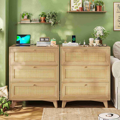 AOGLLATI Rattan Nightstand with Charging Station and 3 Drawers Night Stand with USB Ports and Metal Handle