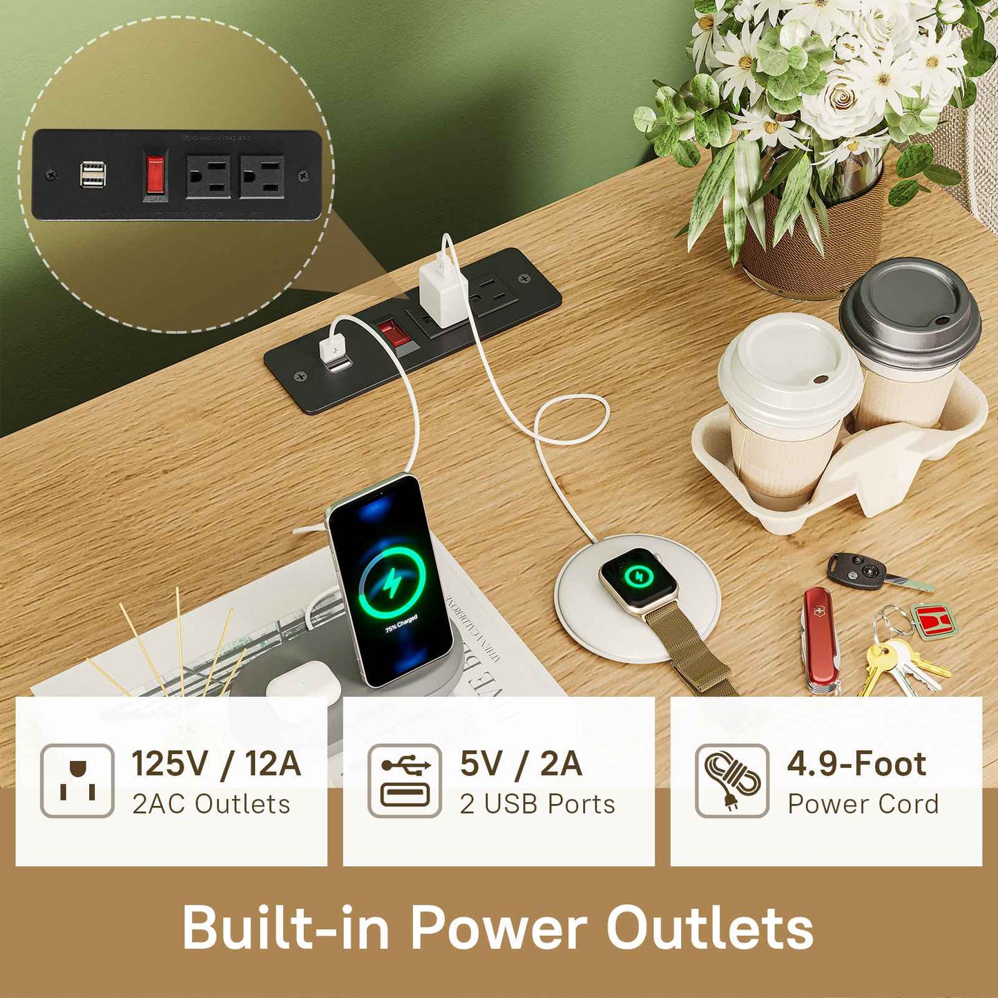 AOGLLATI Rattan Nightstand with Charging Station and 3 Drawers Night Stand with USB Ports and Metal Handle