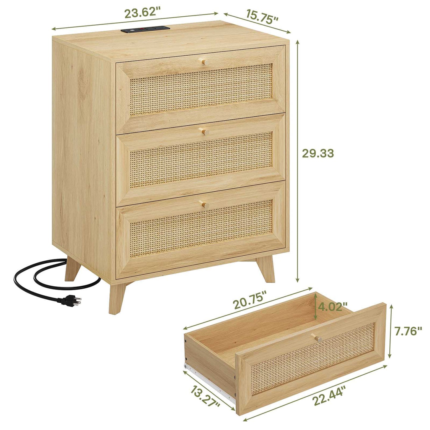 AOGLLATI Rattan Nightstand with Charging Station and 3 Drawers Night Stand with USB Ports and Metal Handle