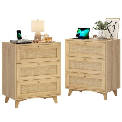 AOGLLATI Rattan Nightstand with Charging Station and 3 Drawers Night Stand with USB Ports and Metal Handle