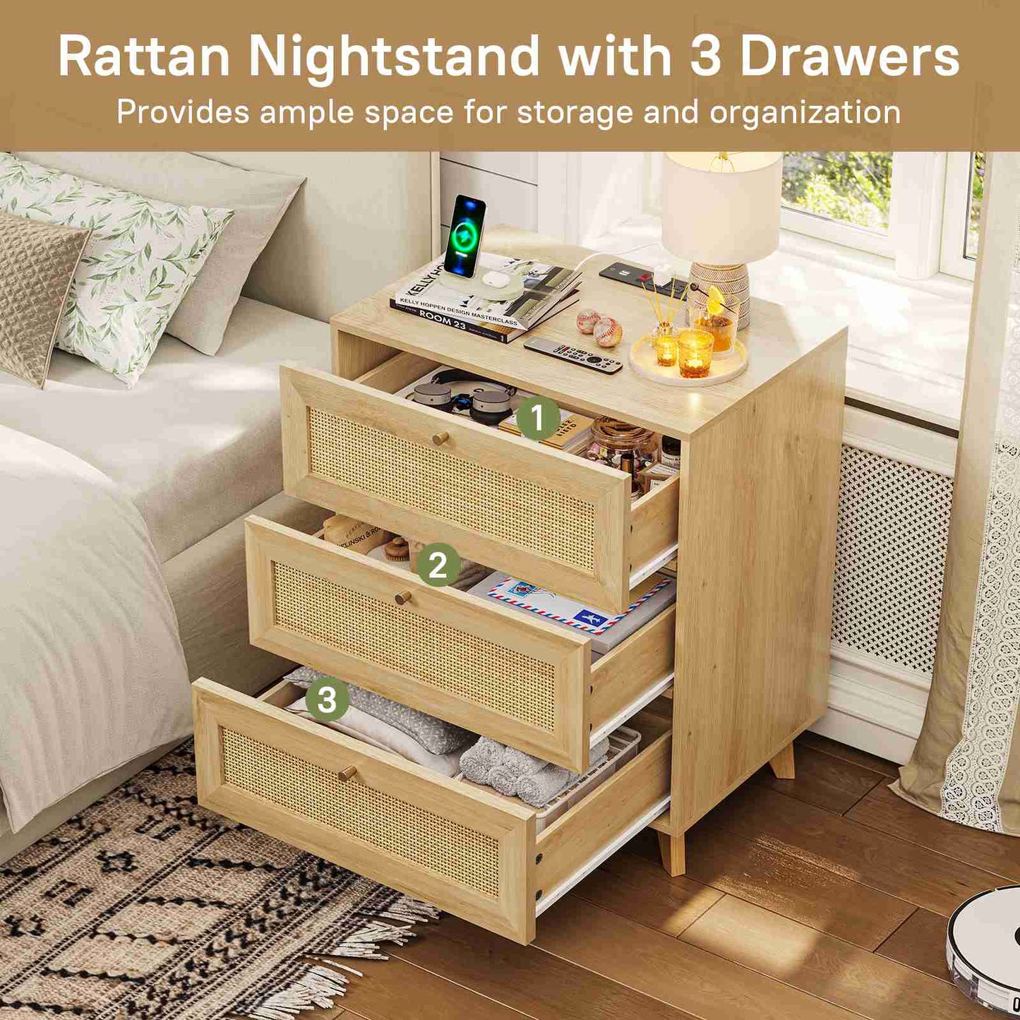 AOGLLATI Rattan Nightstand with Charging Station and 3 Drawers Night Stand with USB Ports and Metal Handle