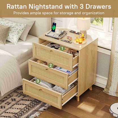 AOGLLATI Rattan Nightstand with Charging Station and 3 Drawers Night Stand with USB Ports and Metal Handle