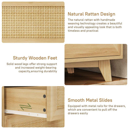 AOGLLATI Rattan Nightstand with Charging Station and 3 Drawers Night Stand with USB Ports and Metal Handle