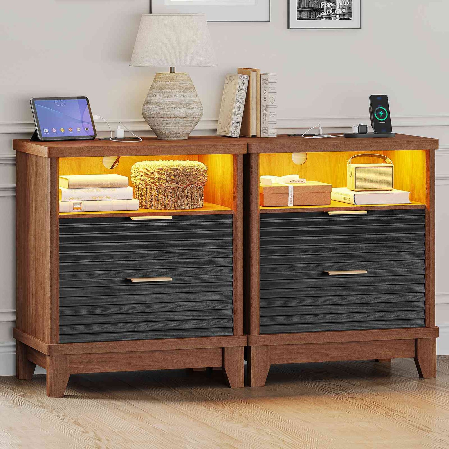AOGLLATI Fluted Nightstand with Charging Station and 2 Drawers, Black Beside Table with Open Storage and Led Lights
