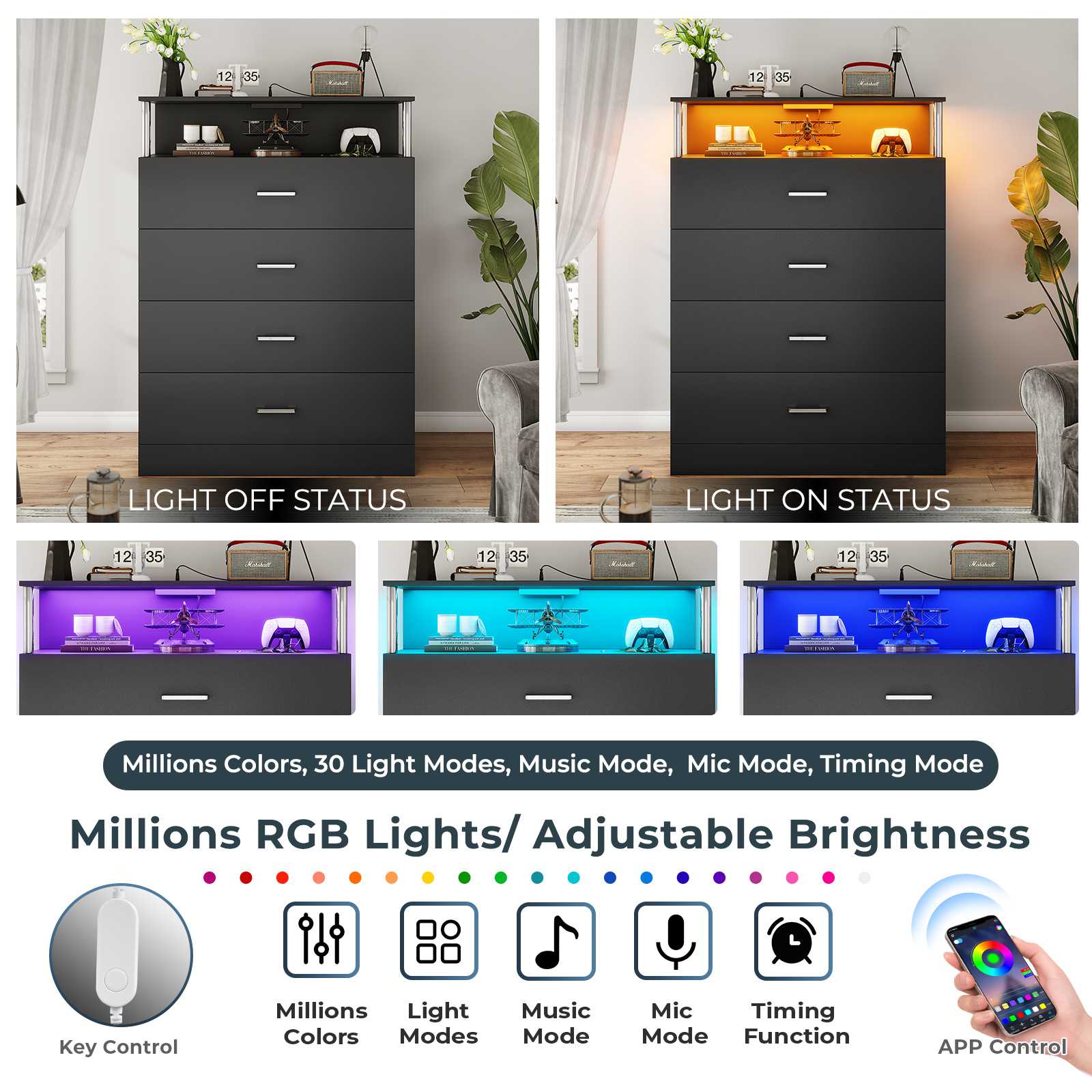 AOGLLATI Dresser 40.3 Inch Tall Dresser with 4 Drawer Dresser with Charging Station, Column Design Led Dresser for Bedroom Closet White