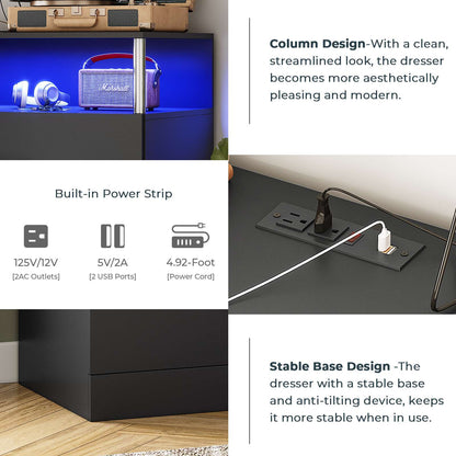 AOGLLATI 40.3 Inch Tall Dresser with 4 Drawer Dresser with Charging Station, Column Design Led Dresser for Bedroom Closet
