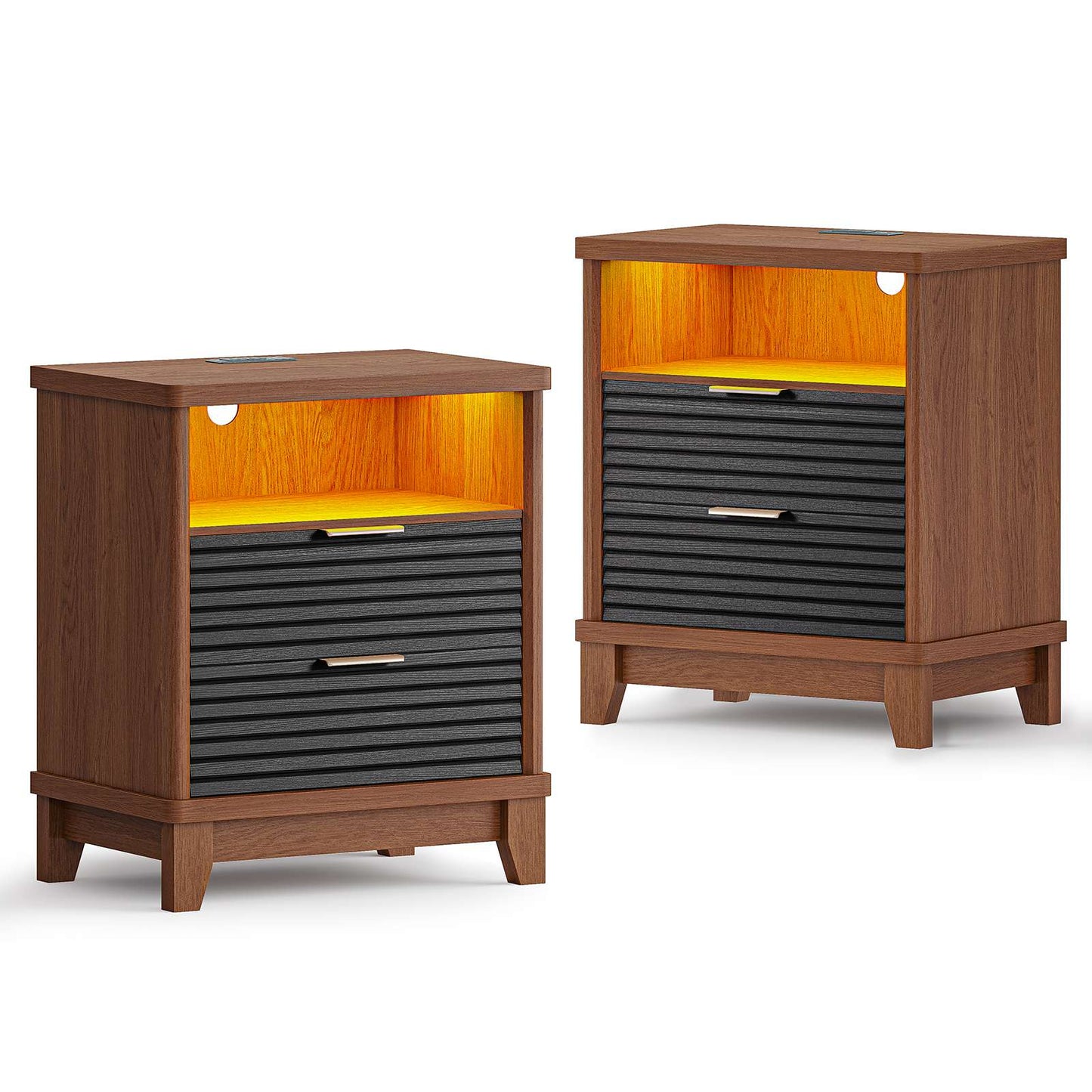 AOGLLATI Fluted Nightstand with Charging Station and 2 Drawers, Black Beside Table with Open Storage and Led Lights