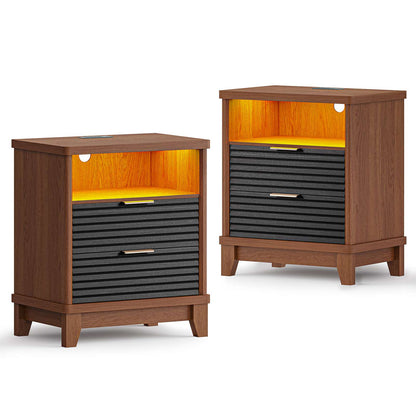 AOGLLATI Fluted Nightstand with Charging Station and 2 Drawers, Black Beside Table with Open Storage and Led Lights