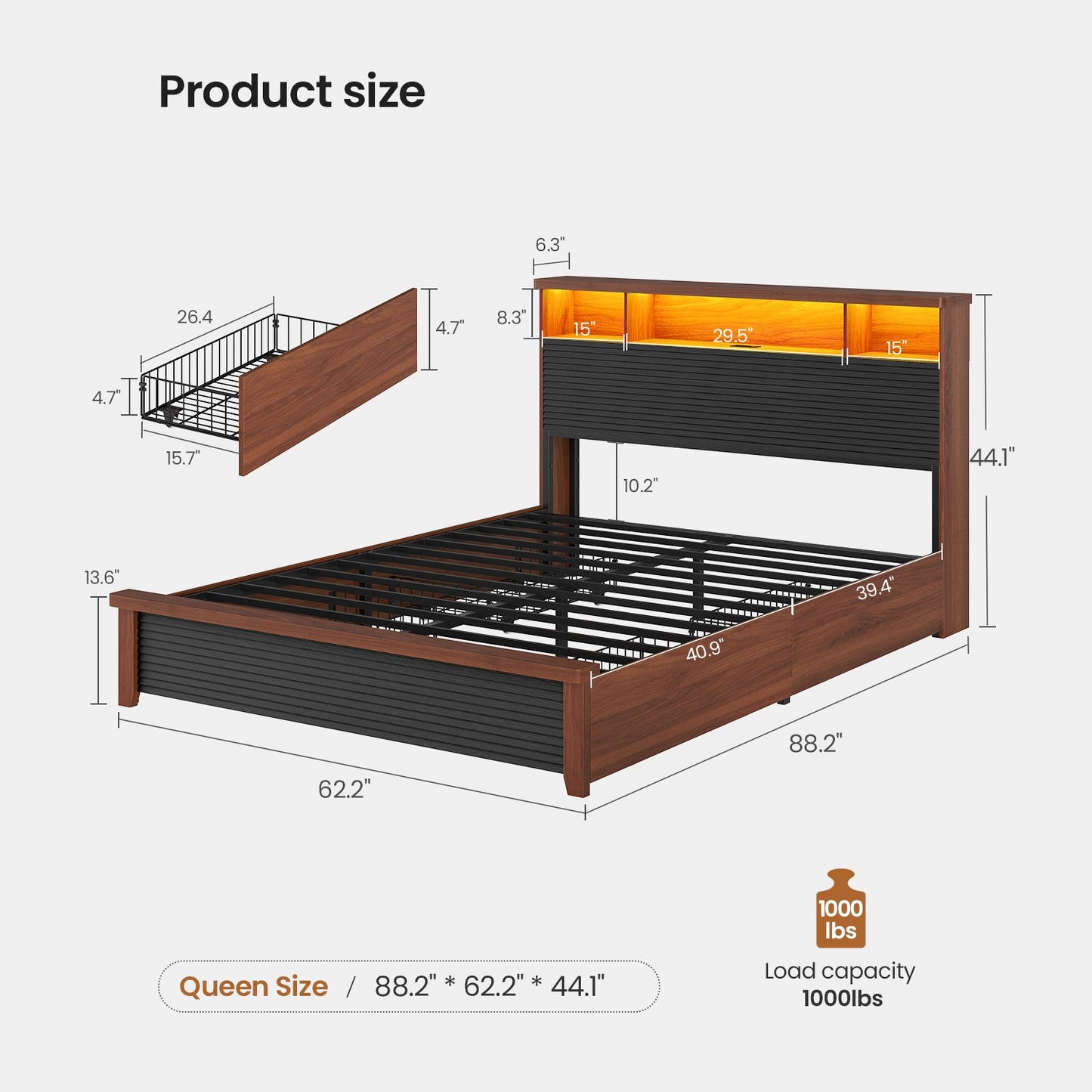 AOGLLATI Full Size Bed Frame with 4 Storage Drawers & 2 Tier Storage Headboard Fluted Led Bed with Charging Station and Metal Slats