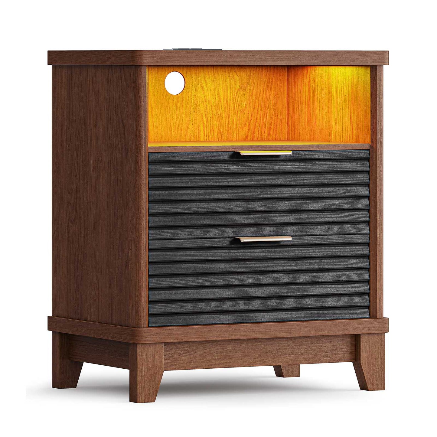 AOGLLATI Fluted Nightstand with Charging Station and 2 Drawers, Black Beside Table with Open Storage and Led Lights
